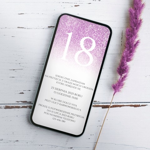 Elektroniczne Zaproszenia na 18 Urodziny (e-zaproszenia) z różowym brokatowym motywem - Pink Touch 